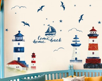 Mediterranean Lighthouses with Boat and Birds Modern Decal